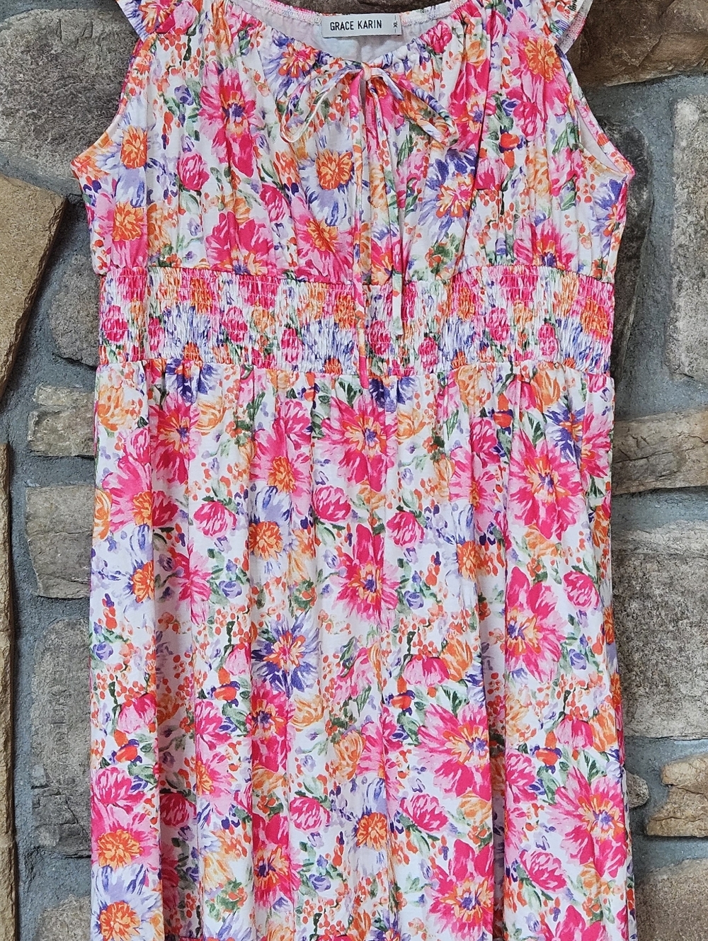 Grace Karin Floral Sleeveless Dress in Pink, Orange & Purple Ruffle Hem Flowy XL